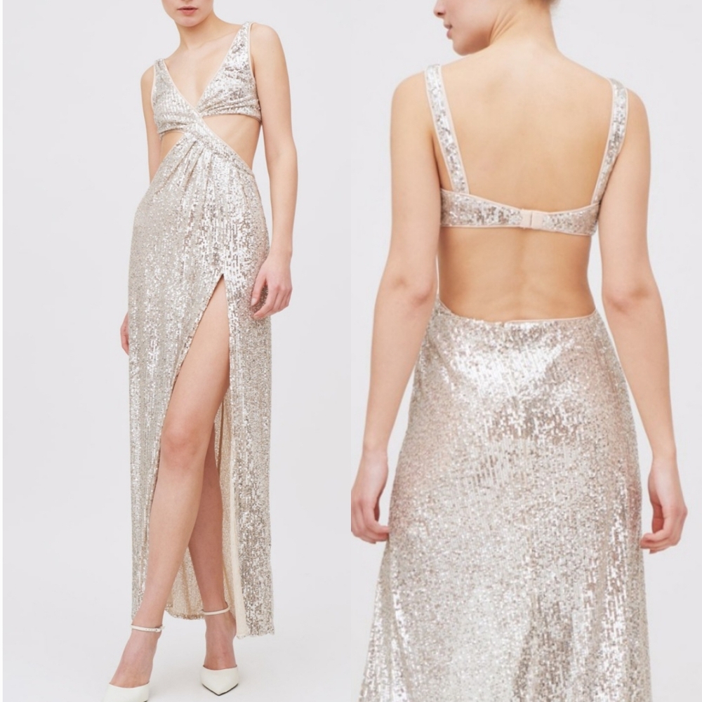 NWT For Love & Lemons Candice Maxi Dress Sequin Cutout Open Back High Slit Large